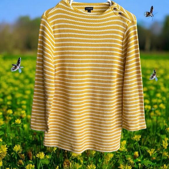 TALBOTS MUSTARD 3/4 SLEEVE TEXTURED STRIPE FUNNEL NECK TOP 100% Cotton Large - Picture 2 of 5